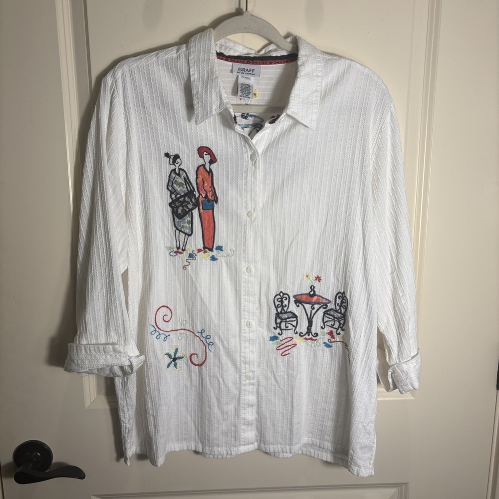 Graff by UM Company White Size XL Shirt Embroidered Appliqued Blouse Art To Wear